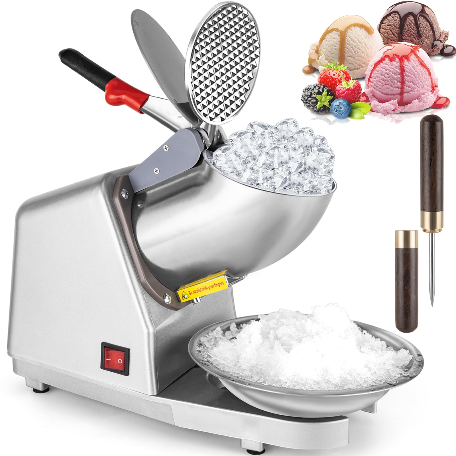 Ice Shaver Machine - Electric 4 Blades Ice Crusher Shaver Stainless Steel Snow Cone Maker Shaved Ice Machine (300W 2200r/min) for Home & Commercial Use Prevent Splash with Ice Pick & Bowl