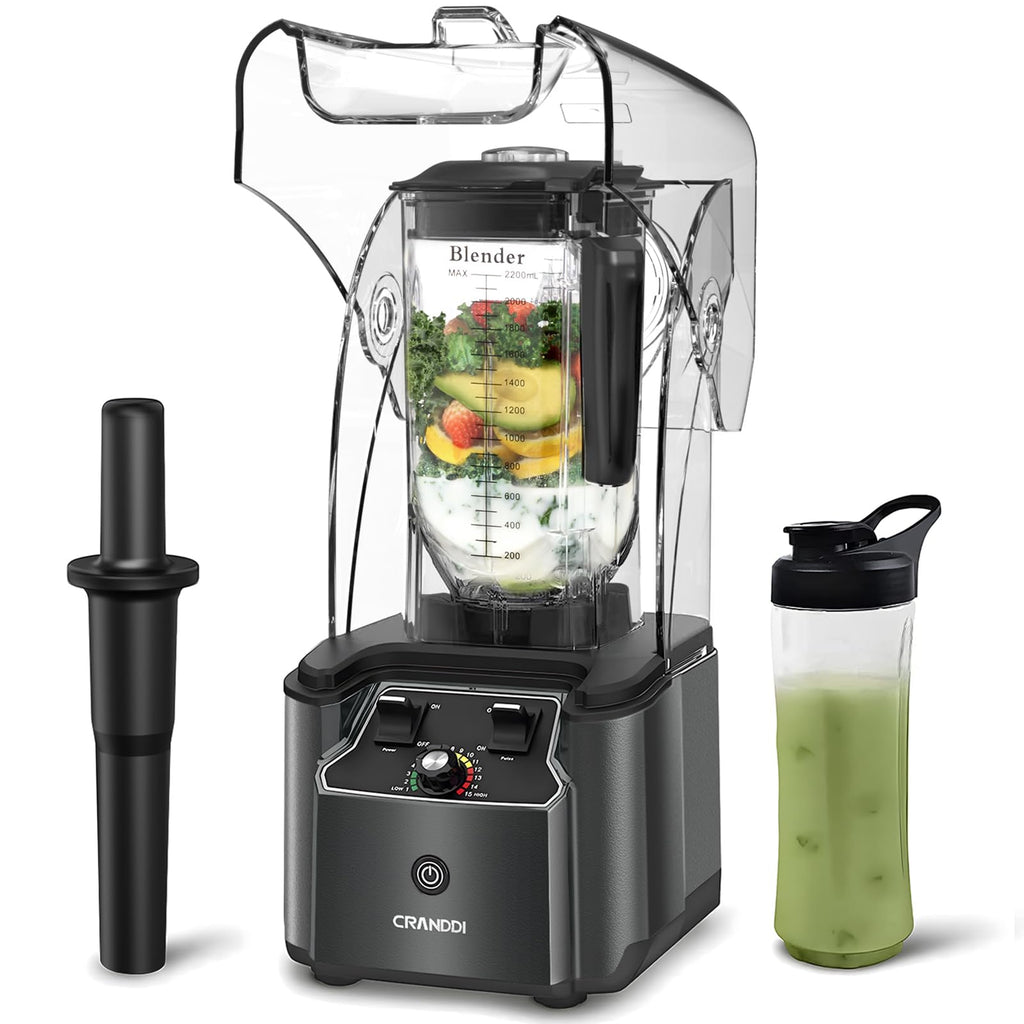 CRANDDI Commercial Quiet Blender 2200 Watt Professional Countertop Blender with BPA-FREE 80oz Pitcher Built-in Pulse & 15-speeds Control Smoothie Blender for Commercial and Home K90 Grey